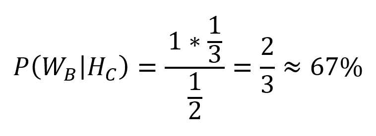 Monty Hall paradox featuring the equation that calculates the probabilities of winning based on the decision to switch or stay, illustrating the counterintuitive results of the game show scenario.