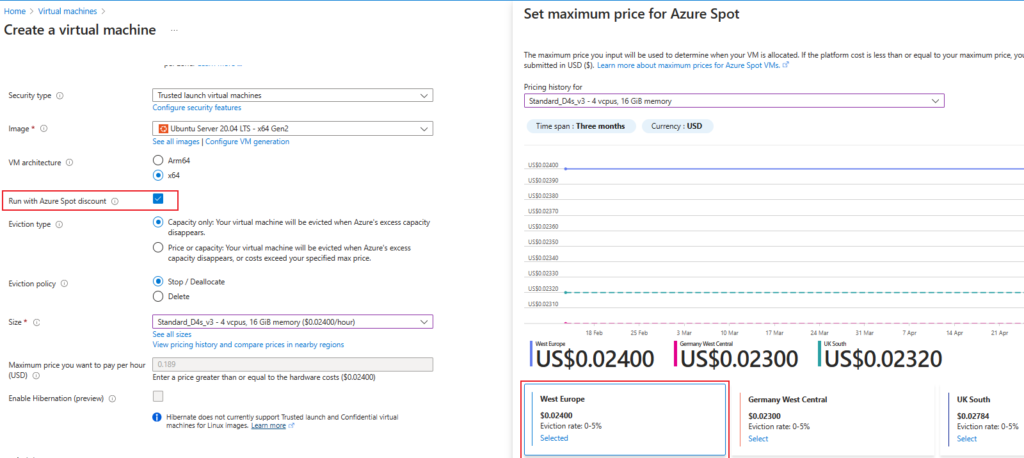 A screenshot showing the process of creating a virtual machine in Azure, with a highlighted option to set the maximum price for Azure Spot instances, illustrating the configuration settings for cost management during VM deploymen