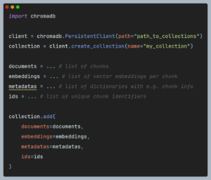 creation of a collection and addition ofdocuments with embedding vectors