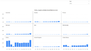 Power Bi version control - Contoso report - one measure and two visuals - a slicer to choose year and a column chart showing Total Sales across months and countries