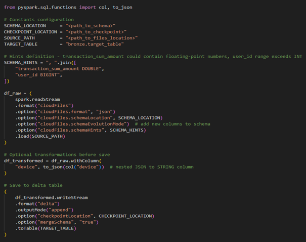 from pyspark.sql.functions import col, to_json

# Constants configuration
SCHEMA_LOCATION = "<path_to_schema>"
CHECKPOINT_LOCATION = "<path_to_checkpoint>"
SOURCE_PATH = "<path_to_files_location>"
TARGET_TABLE = "bronze.target_table"

# Hints definition - transaction_sum_amount could contain floating-point numbers, user_id range exceeds INT
SCHEMA_HINTS = ", ".join([
    "transaction_sum_amount DOUBLE",
    "user_id BIGINT",
])

df_raw = (
    spark.readStream
    .format("cloudFiles")
    .option("cloudFiles.format", "json")
    .option("cloudFiles.schemaLocation", SCHEMA_LOCATION)
    .option("cloudFiles.schemaEvolutionMode", "# add new columns to schema")
    .option("cloudFiles.schemaHints", SCHEMA_HINTS)
    .load(SOURCE_PATH)
)

# Optional transformations before save
df_transformed = df_raw.withColumn(
    "device", to_json(col("device"))  # nested JSON to STRING column
)

# Save to delta table
(
    df_transformed.writeStream
    .format("delta")
    .outputMode("append")
    .option("checkpointLocation", CHECKPOINT_LOCATION)
    .option("mergeSchema", "true")
    .toTable(TARGET_TABLE)
)