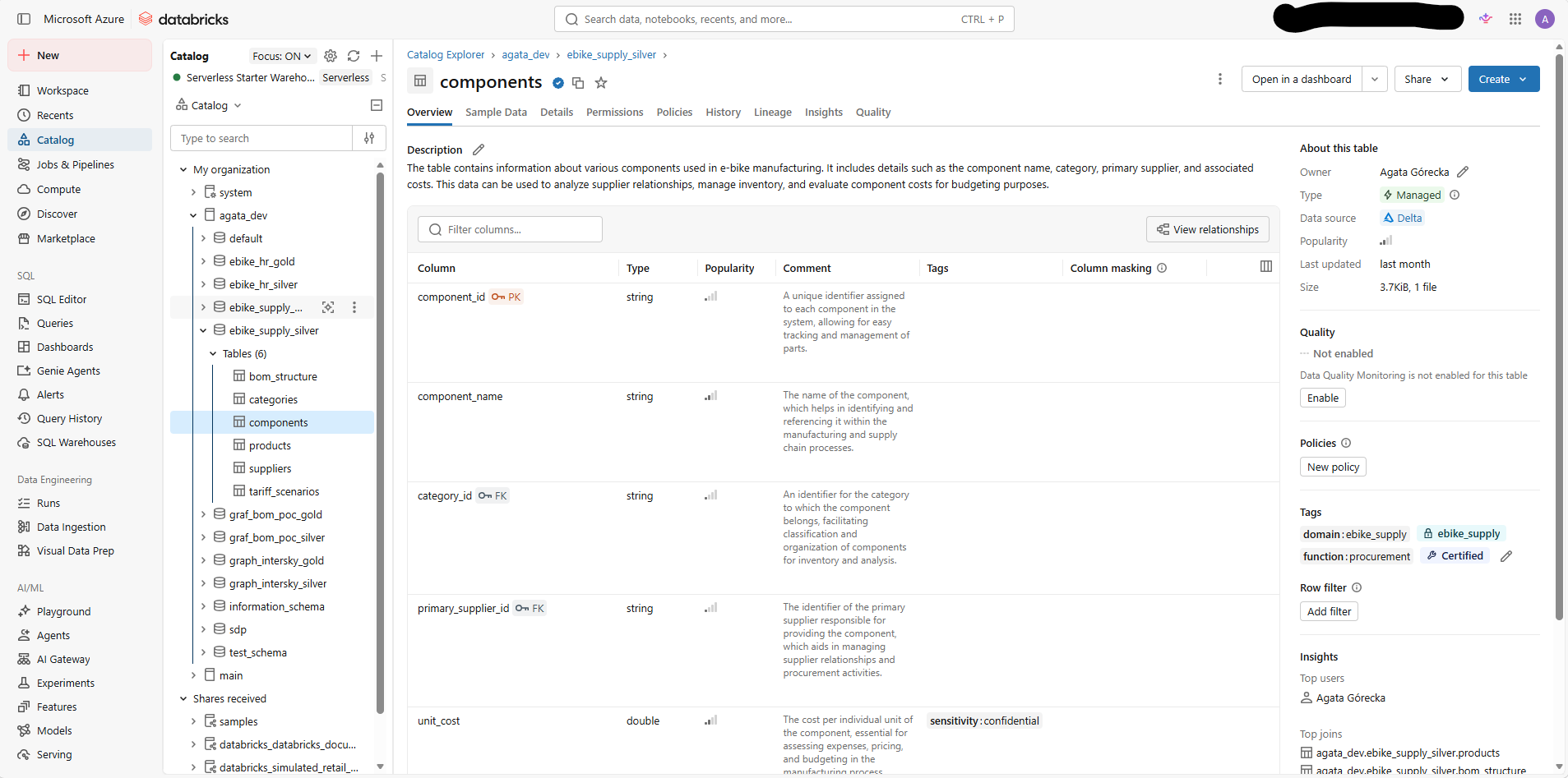 Semantic Layer Components Example of menatic layer's components in Databricks enviroment