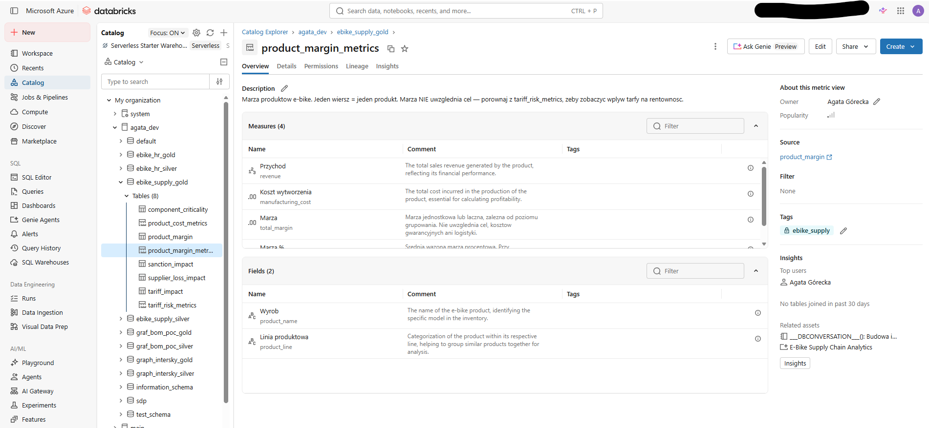 Semantic Layer Metric Views Example of product margin metrics in semnatic layer in Databricks
