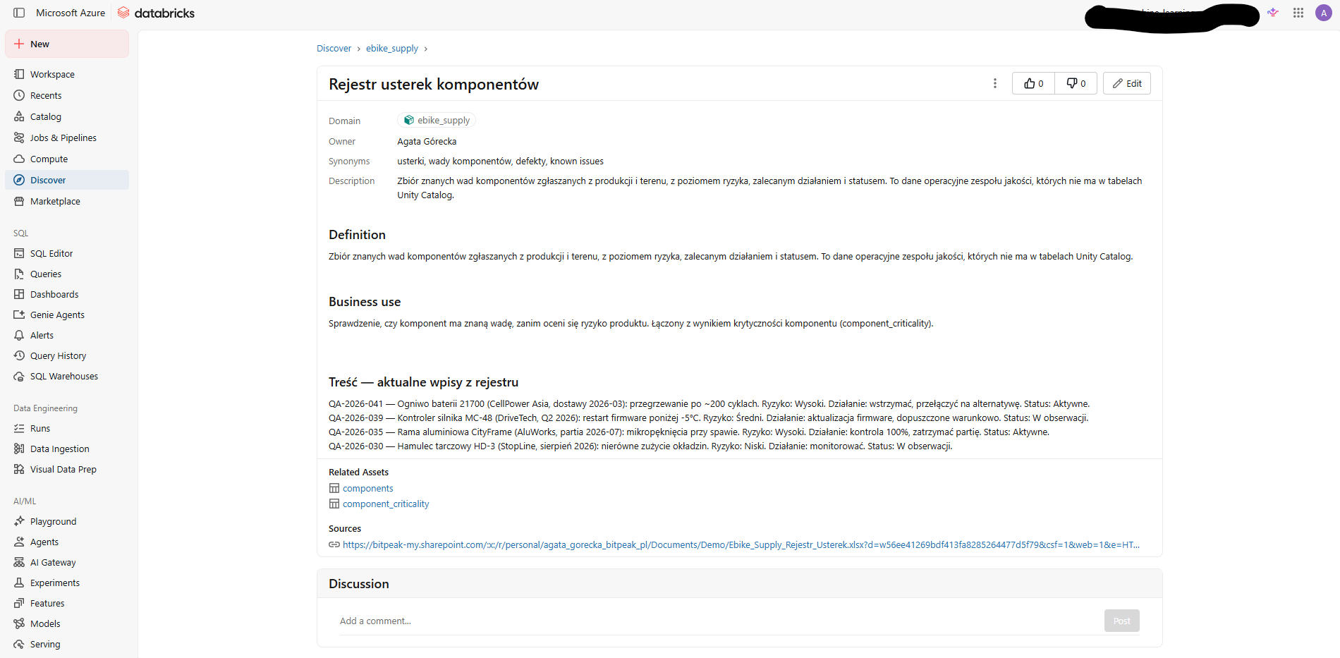 Example of page with definitions in Semantic Layer