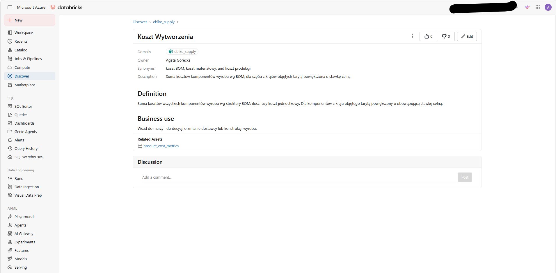 Example of page with definitions in Semantic Layer